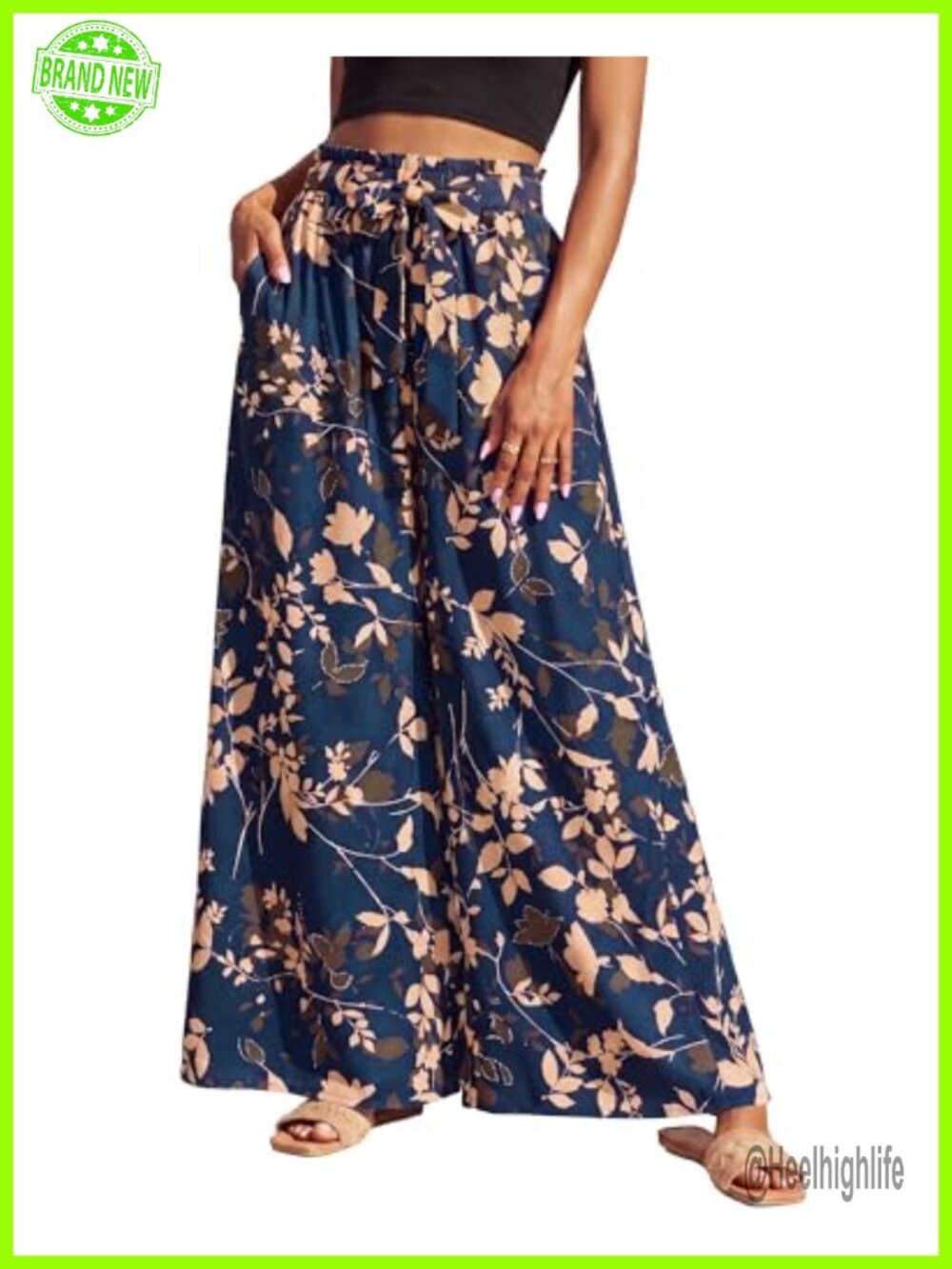Flowy Wide Leg Palazzo Pants High Waist Tie Belt Side Pockets